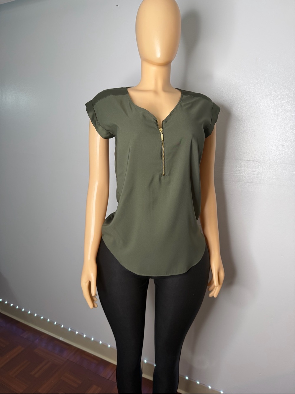 Women’s Olive Green Zip Front Short Sleeve Top